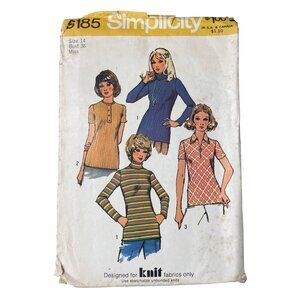 Simplicity 5185 Misses Knit Top Sewing Pattern Size 14 Vintage 1972 Bust 36